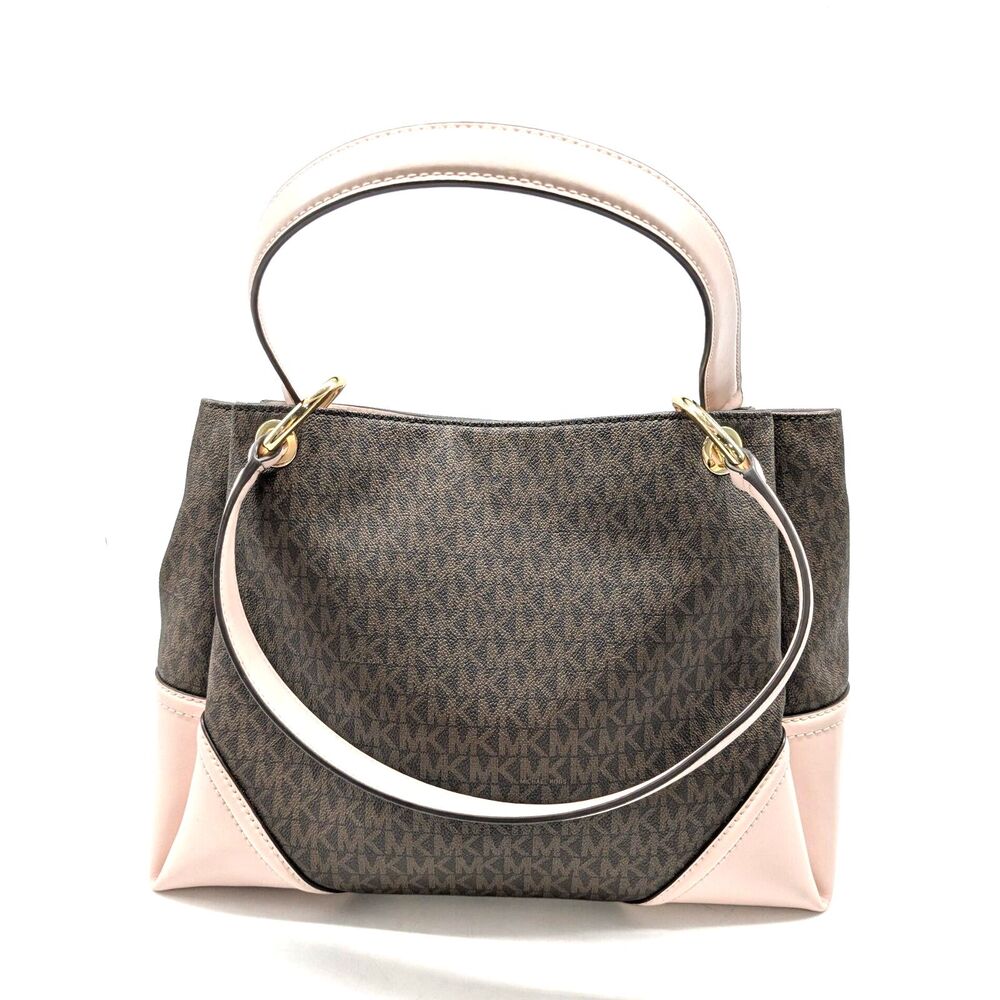 Michael Kors Brown Monogram Coated Canvas Pink Trim Nicole Tote Bag - Picture 3 of 10